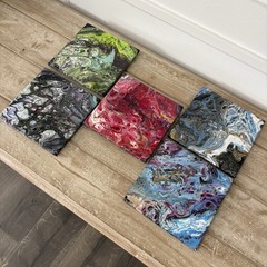 Lot Of 5 Abstract Acrylic Pour Painting On Tile /Fluid Flow Artwork 6” Trivet