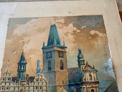 Antique 1918 Rolf Werner Signed Watercolor Painting Old Town Square Prague