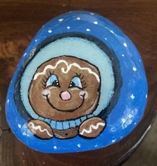 Hand Painted Rock „Gingerbread Girl” Art Decor Collectible Holiday Gift