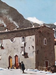 Snowfall in an Old Italian Village Winter Landscape Vintage Oil Painting signed