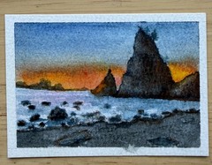 ACEO Original Art Card Watercolor Little Painting Water Ocean Sunset 2.5 X 3.5