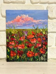 Original Red Poppy Field Oil Painting Landscape Wildflowers Impasto Art 8×10 in