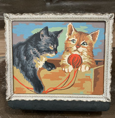 Vintage Paint By Number PBN Picture Cats Kittens With Yarn ball Framed 11” X 9”