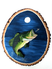 Hand Painted Bass Fish Wood Cut-Out On Live Edge Basswood By Phyllis