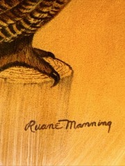 Vintage Ruane Manning Signed Owl Bird Wood Slab Glazed Nature USA 70’s Rustic