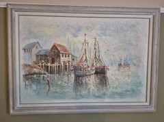 John Luini Signed Oil Painting New England Fishing Harbor Scene Original Vintage