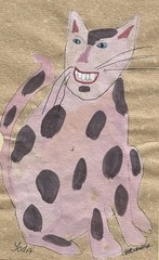North Carolina Folk Art Artist Cher Shaffer Signed Watercolor Painting. Pink Cat