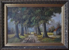 FIGURE ON A PATH THROUGH AN AVENUE OF TREES OIL PAINTING INDISTILY C SLEB c197