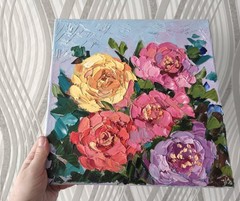 Original Art Oil Painting Pink Peonies Flowers Artwork on Canvas 30x30cm