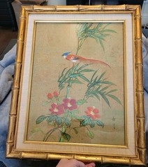 Vintage Chinoiserie Bird & Flowers Painting 19.75in X 15.75in