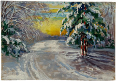 Snowy Road & Pine Trees under Sunny Horizon 3 3/4″ x 5 1/2″ Painting-1930s/40s