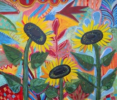 Original Naive Sunflower Painting, Acrylic Floral Wall Art, Primitive Style Canv