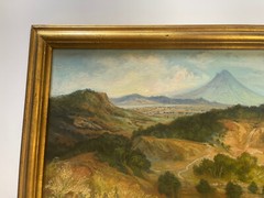 VINTAGE OIL PAINTING PLEIN AIR LANDSCAPE IMPRESSIONIST VILLAGE VOLCANO VIEW
