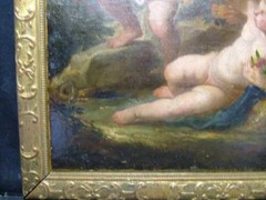 ATTR FRANCOIS BOUCHER „ANGEL PUTTI“ ANTIQ OIL ON CANVAS INVENT STAMPED ON BACK.