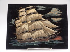 Ship at Sunset Velvet Oil Painting 11 3/4″ x15 3/4″