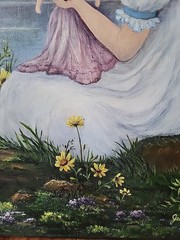 Oil painting, girl in a white dress holding a doll by the lake Signed 24″×20″