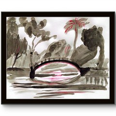 Japanese Ink Look Acrylic Landscape Original Signed Paper Wall Art 11×14 BACH