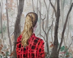 Oil Painting Woman Girl in Autumn Fall Forest Landscape Art by A. Joli