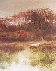 SEPIA MONOCHROME WATERCOLOR BY STAN DUDEK, ILLINOIS, COUNTRY LAKE, WOODLAND BOAT