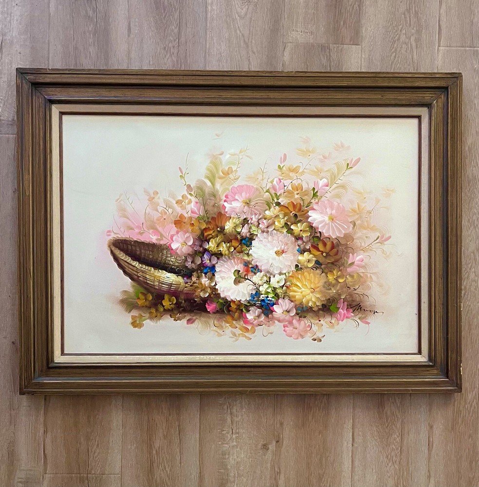 Vintage Large Oil On Canvas Painting Original Signed Still Life Floral 44”x32”