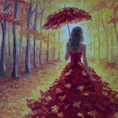 Original Oil Impressionist Portrait Painting Autumn Woman Fashion Nature Art