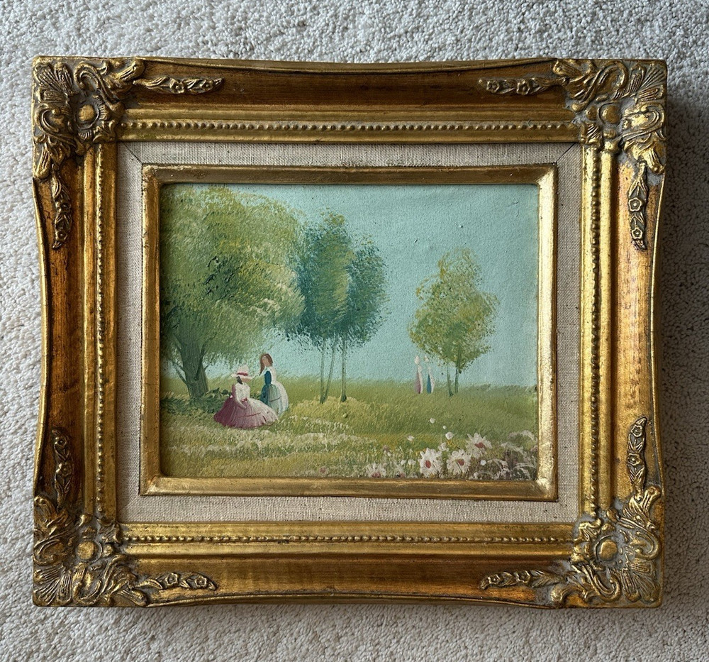 VTG Framed Oil Painting Lady by Flower Garden Scene Ornate Gold Gilt Frame 14″