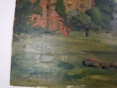 American School Philadelphia Oil Board Painting Castle Ruins Unsigned C. 1880