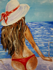 Oil painting.Girl in a hat on a yacht looks into the distance.Modern mini art.
