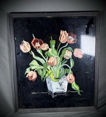 Vintage Framed reverse-painted glass art tulips in a vase signed 1933 Art Deco