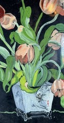 Vintage Framed reverse-painted glass art tulips in a vase signed 1933 Art Deco