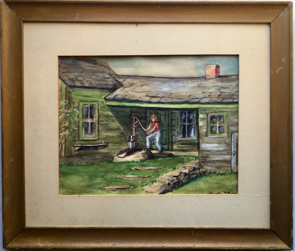 Vintage 50s Folk Art Country Cottage House Watercolor Painting Well Water Pump