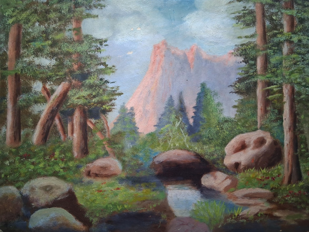 OIL PAINTING Large Rocks Creek Mountains Trees Landscape Vintage 12″ x 16″ med