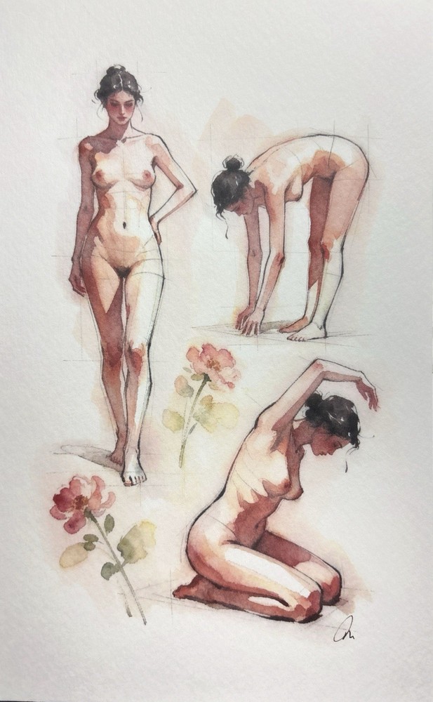 Original Watercolor Impressionism Painting Nude Female (5.5 × 8.5 inches)