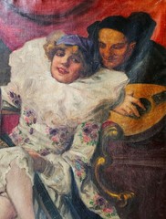 RICHARD GEIGER ( Austria 1870–1945), Oil on Canvas, Pierrette and Lute, Signed
