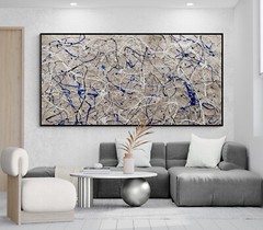 XXL Jackson Pollock Style Sand & Blue Abstract Art Textured Painting 78×39 in