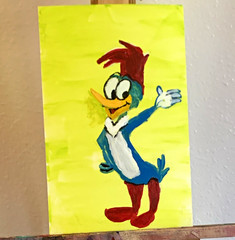 Cartoon Woodpecker Character Painting, Yellow Background, Unframed Single Piece