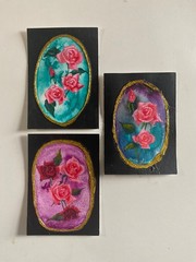 aceo original painting flowers roses still life glitter floral 2.5×3.5 acrylic