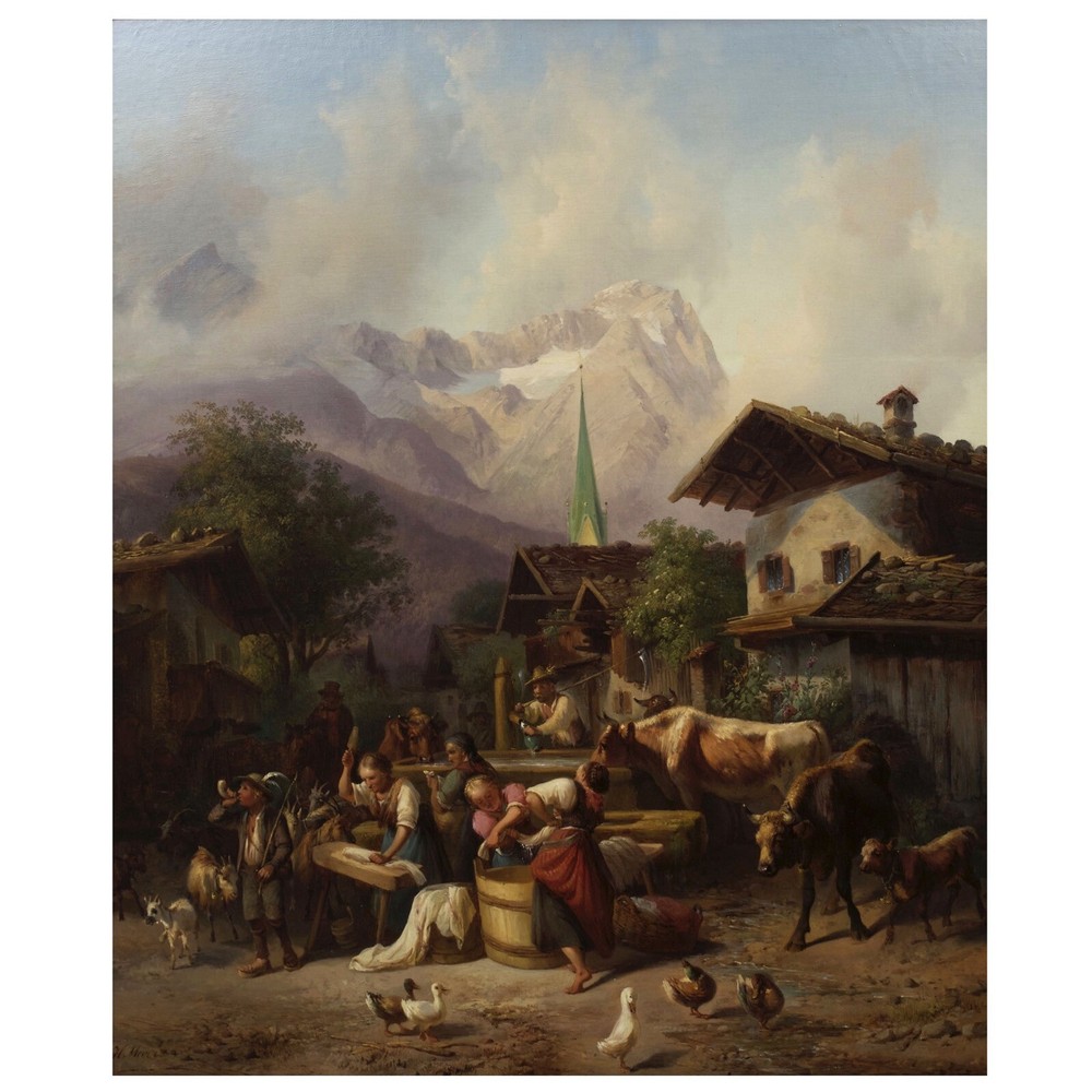 German Landscape Painting „An Alpine Village” by Joseph Heinrich Marr