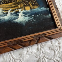 Vtg Pirate Ship Nautical Dark MCM Painting Black Velvet Wood 13.5×22.5”