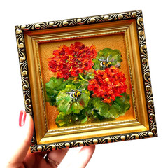 Original Oil Painting Red Geranium Honey Bee Impasto Small Wall Art 4x4in Signed