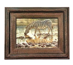 Painting Zebra by Pond Original Oil on Canvas Framed Signed Vintage Art Decor