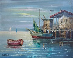 Impressionist Small Harbour with Fishing Boats in Evening Light Oil Painting 53x42cm