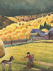ANTIQUE AMERICAN FOLK ART REGIONALISM PAINTING FARM LANDSCAPE CHILDREN 24 INCH
