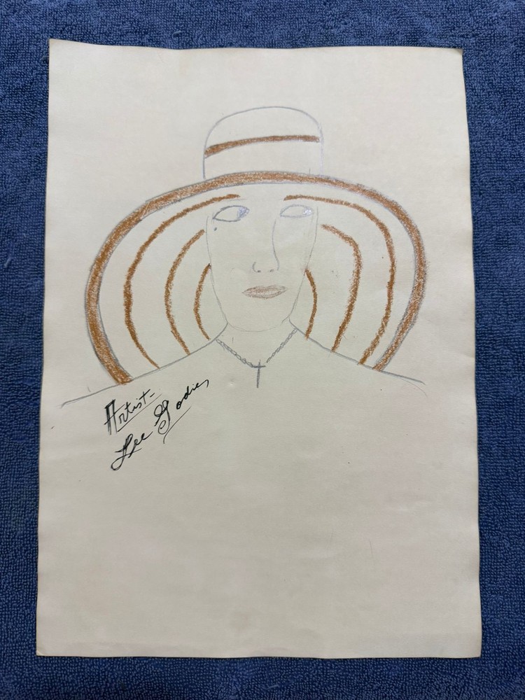 Lee Godie – painting drawing 12.5 x 9.8 in on old paper signed stamped