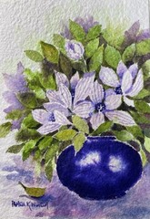Pamela Wilhelm Watercolor 5”x7” Of Cobalt Violet Vase With Flowers Green Leaves