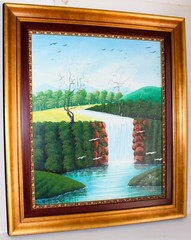 OIL PAINTING ON CANVAS SIGNED GORGEOUS LANDSCAPE RIVER WATERFALL FOREST