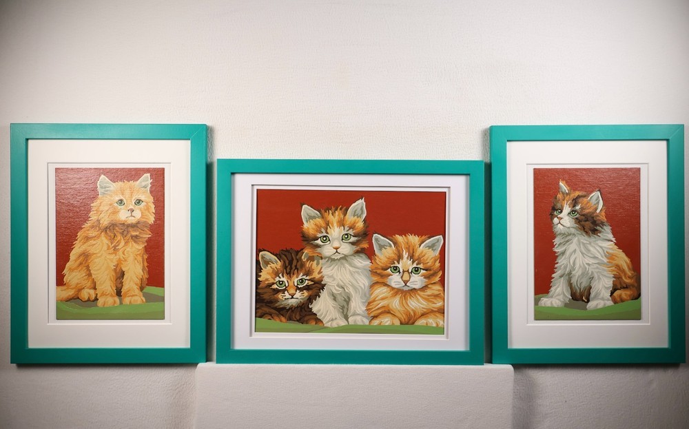 Vintage Paint by Number „Kitten Kapers“ Framed 1970s Set of 3 Cats Craft Master