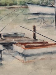 Watercolor Painting Fishing Pier Sailboats 1985 Signed A.M. Loya No Glass Frame
