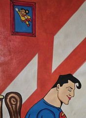 SUPERMAN (Gig Worker) Cuban Pop Art Painting Shows Superhero Sewing BATMAN Cape