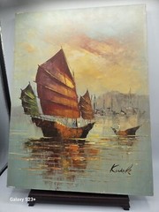 Vtg Mid-Century Nautical Junk Seascape Original Oil Painting By Filipino Kwok